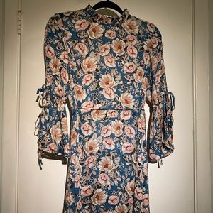 Blue Floral Bell Sleeve Dress
